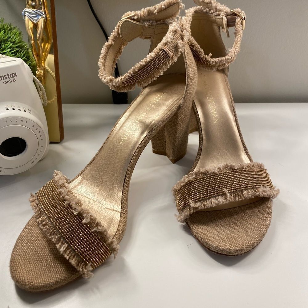 Stuart weitzman frayed ankle strap heels open toe